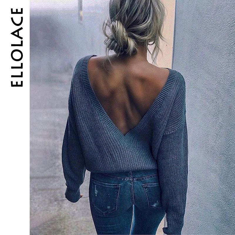 

Ellolace Backless Deep-V Women's Sweater Long Sleeve Knitted Pullovers Women Loose Casual Sweaters 2019 Female Jumper Cashmere
