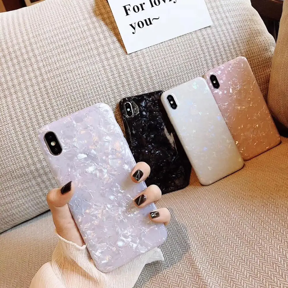 

Glossy Marble Case For iphone 6 7 8 Plus X XS Max XR Bling Conch Shell Epoxy Silicone Glitter Soft TPU Cover For iPhone 7