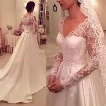 A line Long Sleeve Wedding Dresses V neck White Lace Applique Satin Custom Made Bridal Gowns Backless Elegant 2015 Wedding Dress