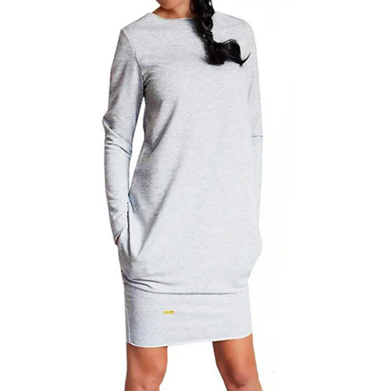 Женское однотонное летнее женское платье свободного кроя с круглым вырезом и длинным рукавом, повседневное модное свободное мини-платье серого, белого и черного цветов, элегантный сарафан-N - Цвет: Серый