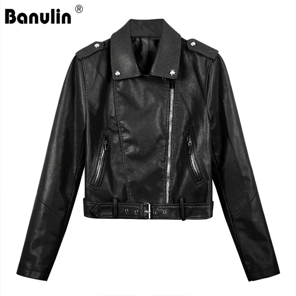 

Banulin Motorcycle PU Leather Jacket Women Winter And Autumn New Fashion Coat 3 Color Zipper Outerwear jacket New 2019 Coat HOT