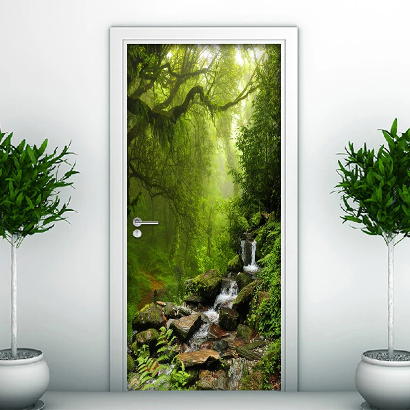 3D Door Sticker PVC Waterproof Self-adhesive Green Forest Stones Creek Door Mural Wallpaper For Kitchen Living Room Bedroom Wall what are green forest’s songs about