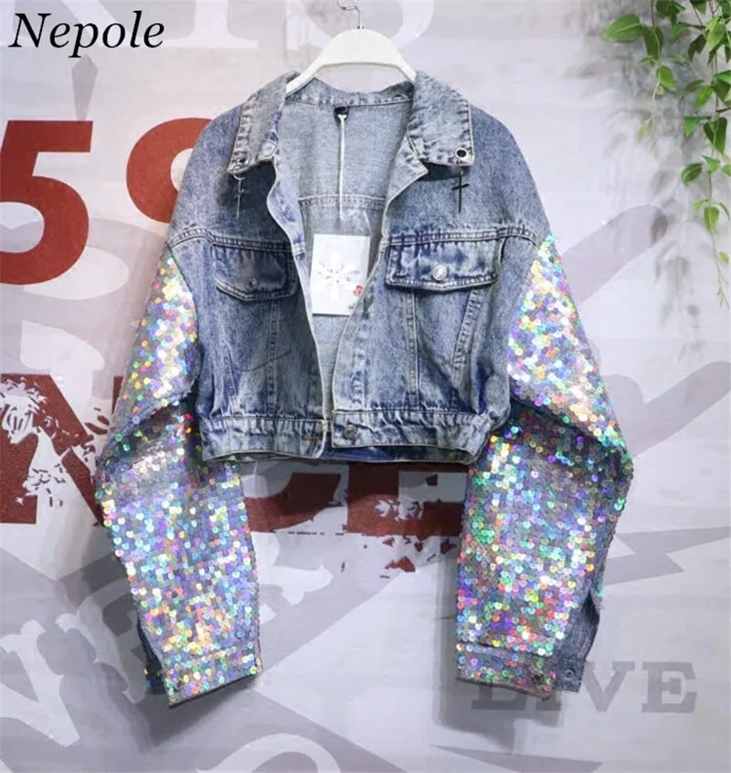 

Neploe Colorful Sequins Pockets Denim Outerwear Turn-down Collar BF Style Coats 2019 Spring Single Breasted Women Jackets 69764