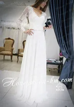Free Shipping Modern Sheath/Column V Neck Lace Up Back Sweep Train White Full Sleeve Chiffon Wedding Dress Online MF400