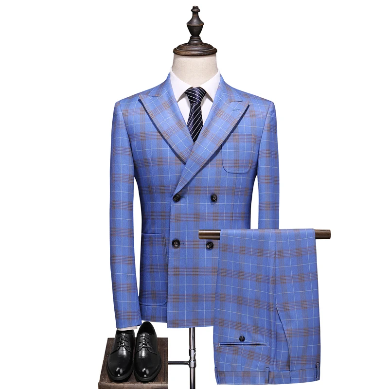 Двубортный клетчатый костюм для мужчин, светильник, синий, мужские дизайнерские костюмы, Terno, приталенный мужской свадебный костюм жениха - Цвет: 6035