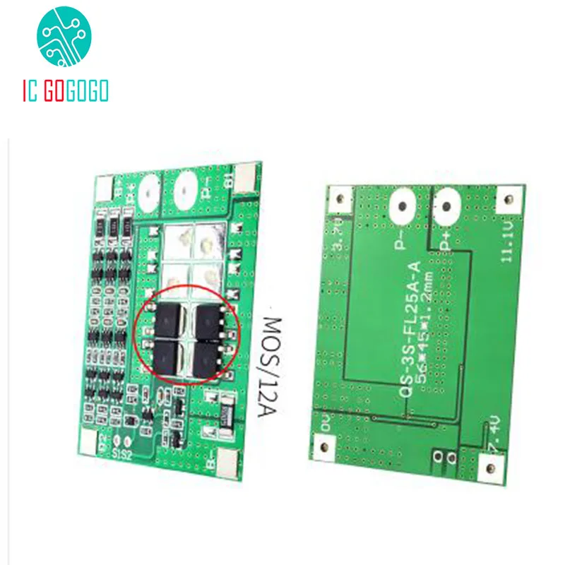 

12A 3S 12V 18650 Lithium Battery Protection Board 3 Cells Li-ion 11.1V 12.6V Charge Discharge Protect Circuit BMS PCM PCB Module