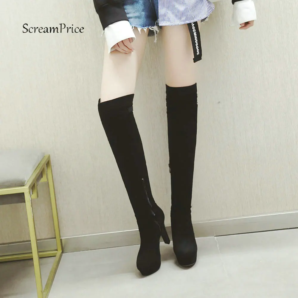 

Women's Flock Leather Over the Knee Boots Square High Heel Elastic Boots Platform Zipper Winter Fashion Ladies Shoes Black