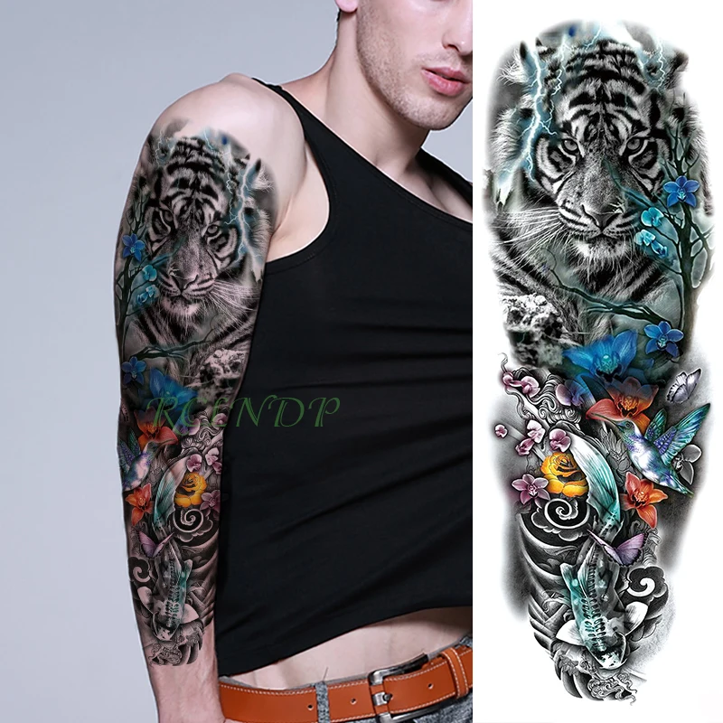 Waterproof Temporary Tattoo Sticker carp fish flower full arm fake tatto flash tatoo sleeve large size for girl men women lady