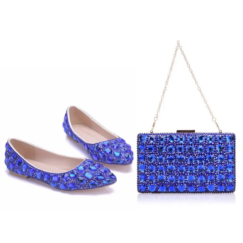 Crystal Queen Blue Crystle Shoes Rhinestone Flat Women Shoes Wedding Flats With Matching Bags Bride Purse Blue Crystal shoes