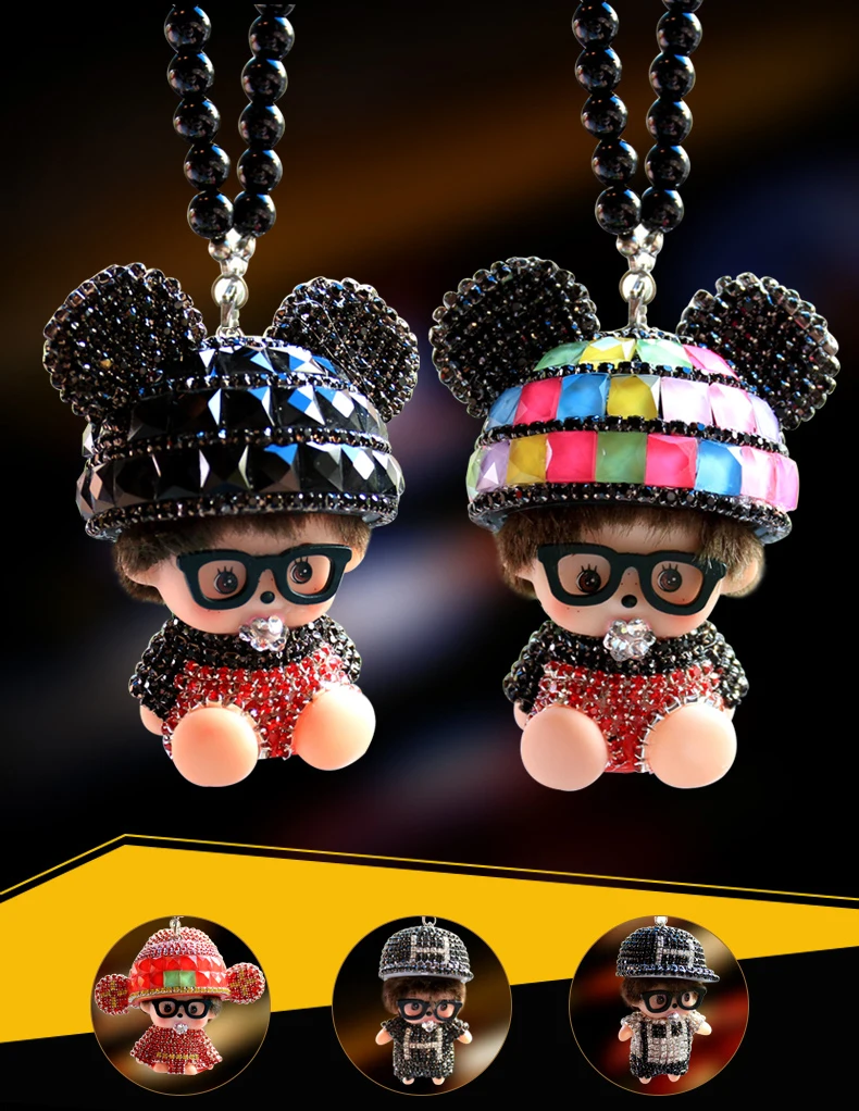 Monchhichi Dolls Pendants Keychains Car Rear View Mirror Charm Bling Sparkly Shiny Women Car