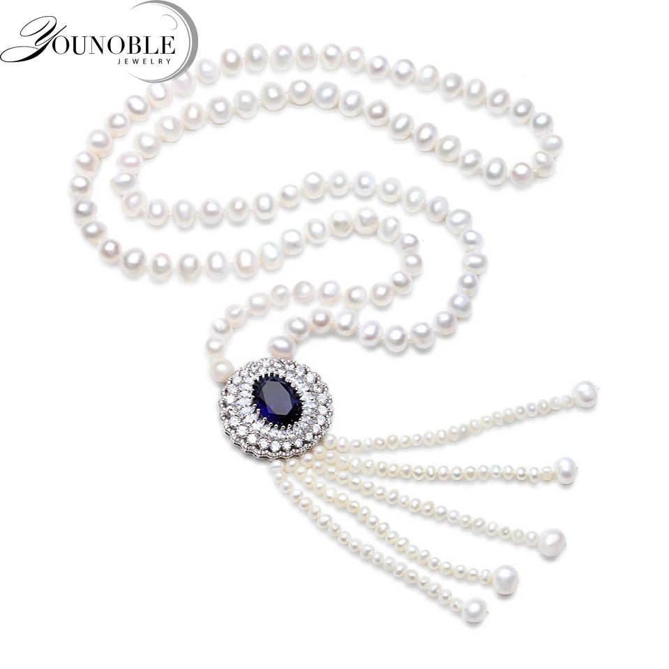 Женское длинное ожерелье из серебра 925 пробы с натуральным жемчугом necklace