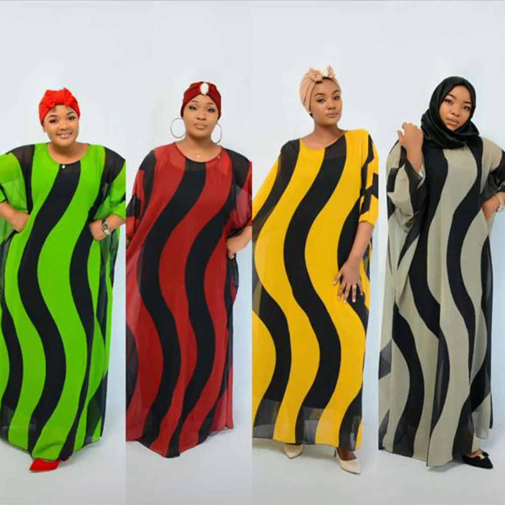 Летнее шифоновое большого размера в африканском стиле; разноцветная повседневная одежда в полоску с волнистыми полосками; эластичная