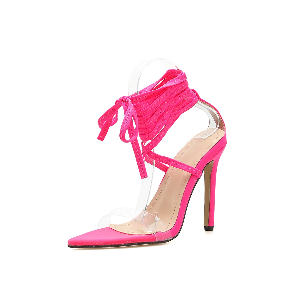 JINJOE Shoes Women Cross-tied Sandals Rome Heels Sexy pumps Stiletto Gladiator Fluorescent green pink Plus large size 43 Nylon