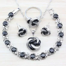 925 пробы Серебряные комплекты ювелирных изделий черный циркон серьги-гвоздики/кулон/Цепочки и ожерелья/браслет 20,5 см кольцо Размеры 6/7/8/9/10 для Для женщин подарок