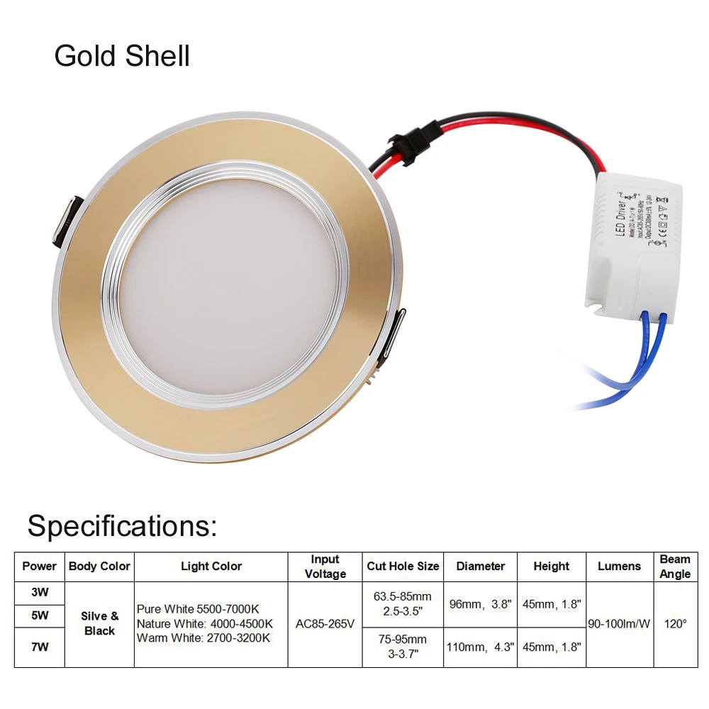 3W 5W 7W LED Ceiling Downlight LED Recessed Cabinet Wall Spot light Down Lamp Gold Silver Cold White Warm White