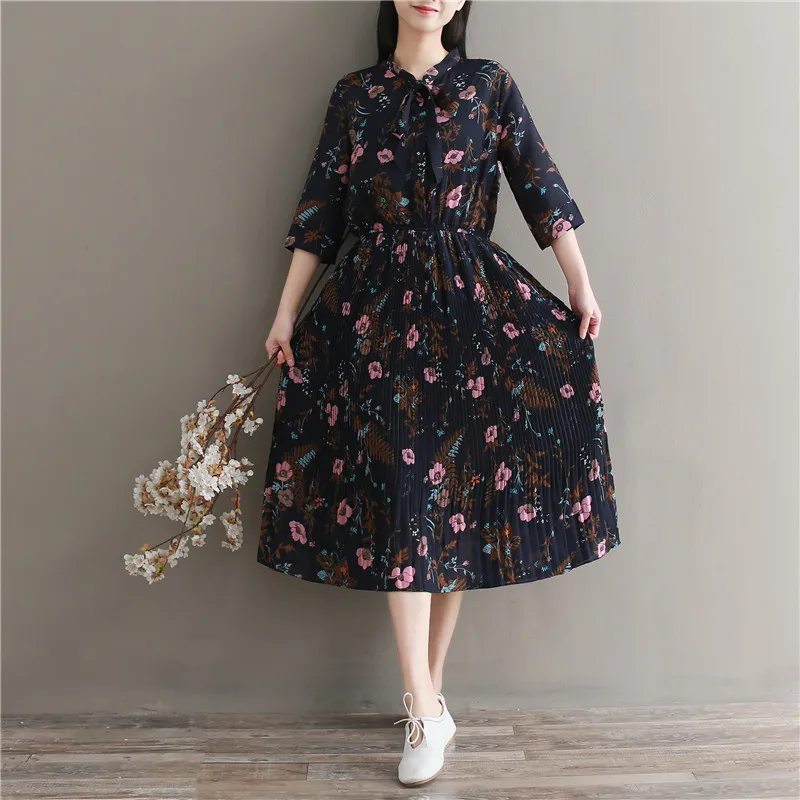 

Mori Girl Sweet Summer Dress 2019 New Women 3/4 Sleeve Floral Pleated Chiffon Dresses Bow Female Blue Flower Long Vestidos S-XXL