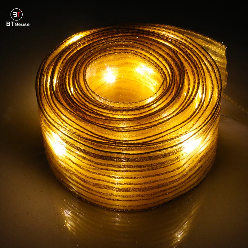 BTgeuse 2M 5M Organza Golden Striped Ribbon Lights for Bedroom Holiday Party Wedding Christmas and Garden Decoration Warm White BTgeuse 2M 5M Organza Golden Striped Ribbon Lights for Bedroom Holiday Party Wedding Christmas and Garden Decoration Warm White