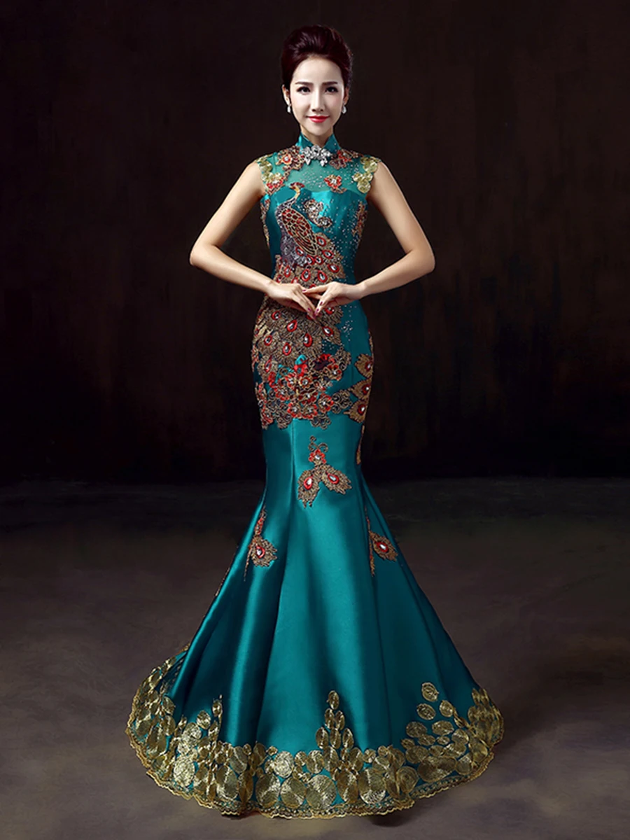 Зеленое роскошное вечернее платье с вышивкой, китайское свадебное платье Cheongsam, вечернее красивое китайское платье, халат Chinoise Femme Qipao - Цвет: green dress