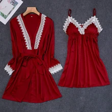 Темно-красные женские 2 шт. ремень Топ Пижама комплекты одежды для сна Женская домашняя одежда спальный костюм соблазнительное кимоно халат Sleepshirts M-XL