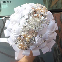 JaneVini роскошная хрустальная свадебная брошь в виде букета цветов подружки невесты Искусственные белые атласные розы свадебная Цветочная лента broidsboeket Rozen