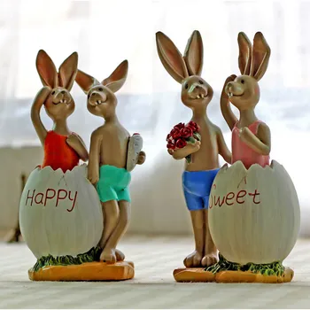 

1Pair Cute Cartoon Lover Rabbit decoracao Craft Creative Animal Decoration Rabbit figurine Resin Home Decoration Accessories