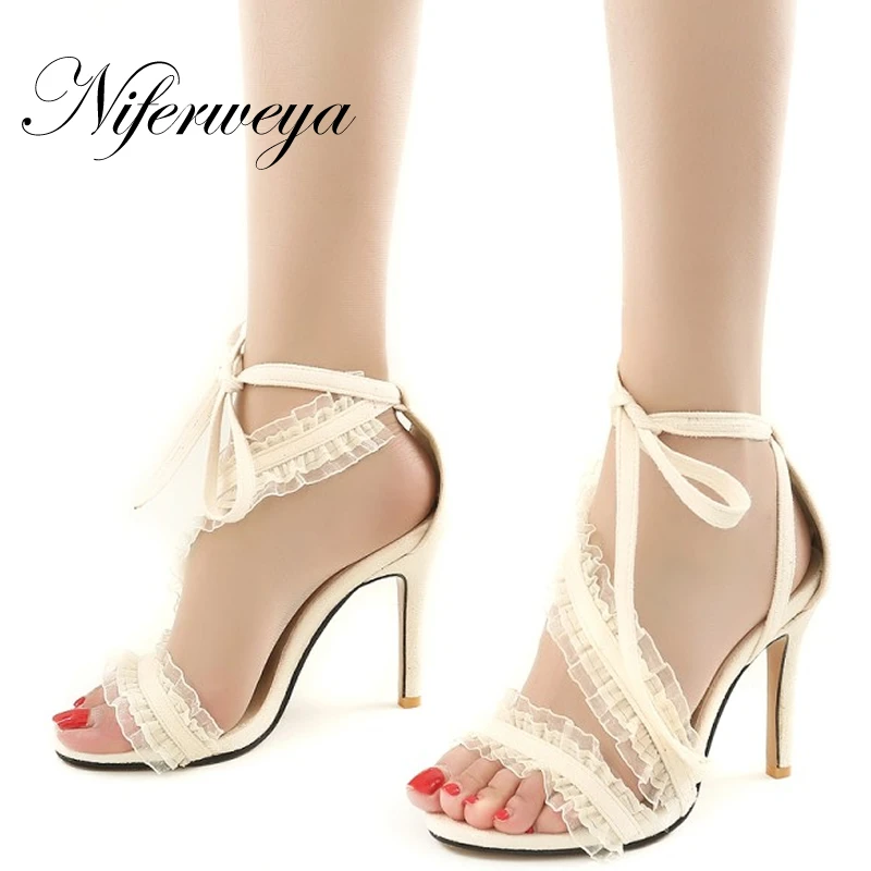 

Big size 32-45 summer women shoes sexy Peep Toe thin heel high heels fashion Ruffles decoration Lace-Up Sandals zapatos mujer