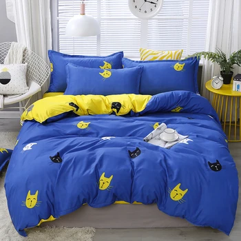 

Home Textile yellow blue Cute Cat Kitty Duvet Cover Pillow Case Bed Sheet Boy Kid Girl Bedding sets King Queen Twin bedclothes