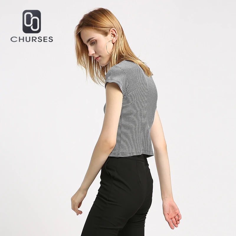 Churses женщин Футболки для Новинка 2017 летние полосатые женские футболка с круглым