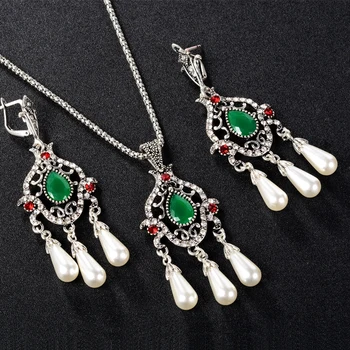 

Turkish Jewelry Mosaic Green Red Top Resin Crystal Tibetan Silver Wedding Necklace and Earing Pearl Set Girls Necklaces Pendants
