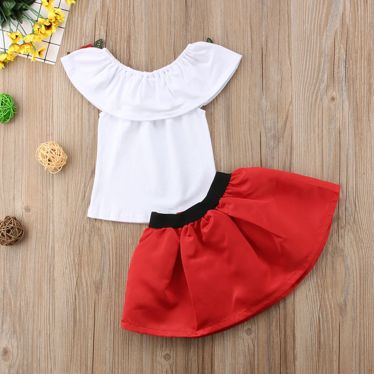Новая детская блузка с открытыми плечами и объемными розами для маленьких девочек, топ, платье, юбка, комплект одежды
