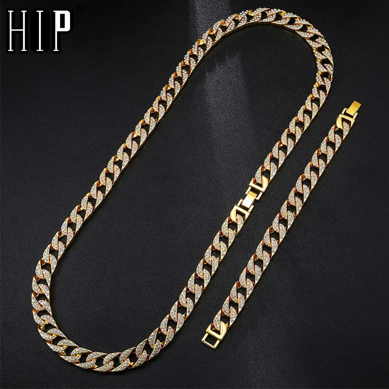 

Hip Hop 1Set 13MM Gold Silver Full Iced Out Paved Rhinestones Miami Cuban Chain CZ Bling Rapper Necklaces For Men Jewelry