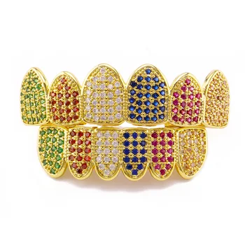 

OMYFUN Teeth Grillz Set Fashion Men Jewelry Colorful CZ Paved Gold Color Dental Grills Tooth Grillz Hip Hop Bling Teeth Caps