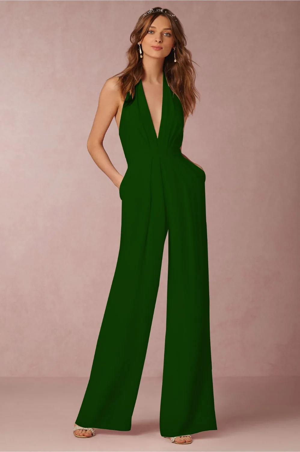 

England Style Sleeveless Deep V Neck Long trousers Women's Fashion Wide leg pants halter cocktail Backless jumpsuit