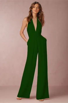 

England Style Sleeveless Deep V Neck Long trousers Women's Fashion Wide leg pants halter cocktail Backless jumpsuit