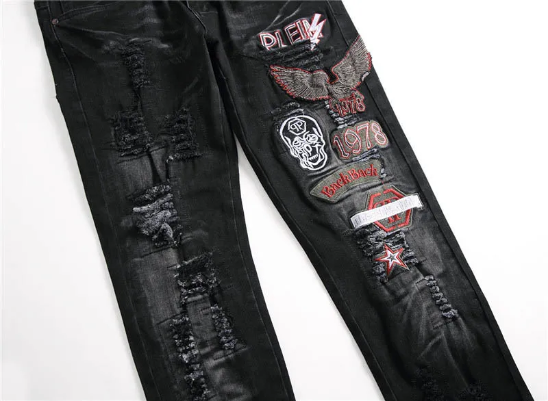Mcikkny Men's Ripped Pleated Biker Denim Trouser Fashion Embroidery Jeans Pants For Male Washed Size 29-38 (1)
