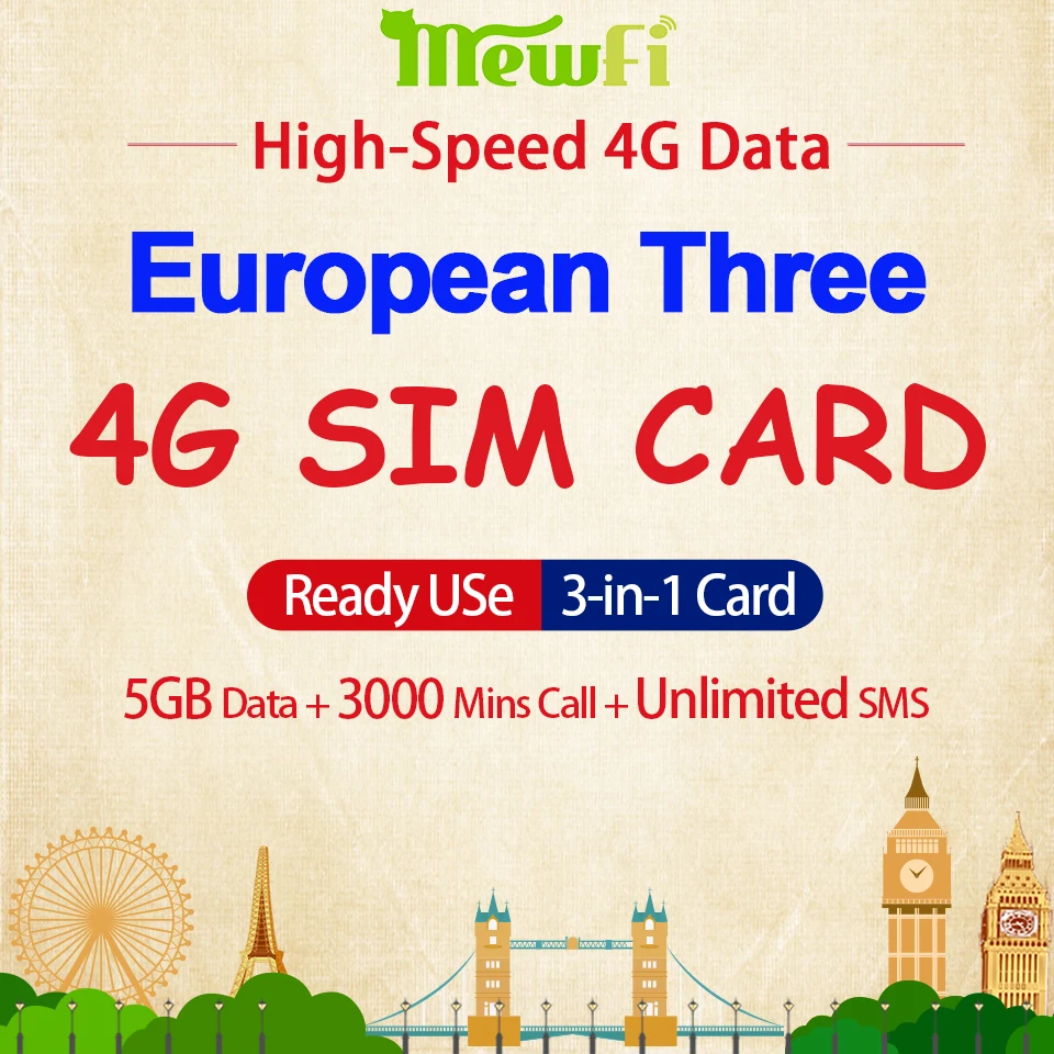 

Mewfi Prepaid Europe Travel Sim Card 30 Days 5GB 4G Data+3000 Mins Call+Unlimited SMS Three Network Triple Mobile Phone Sim Card