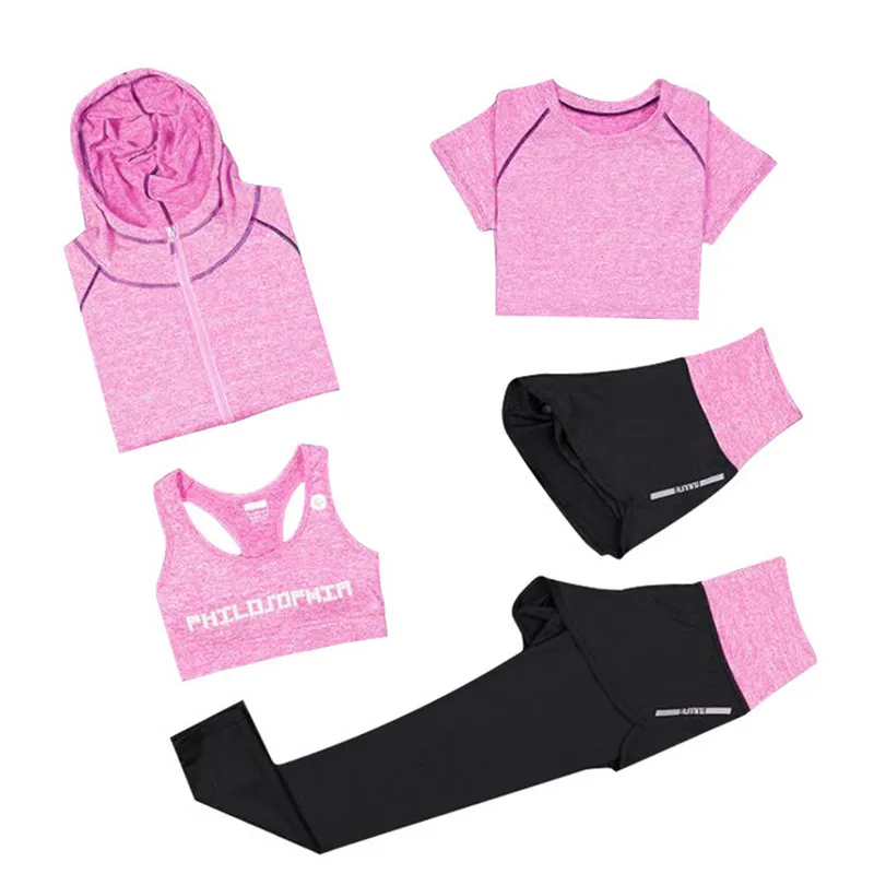 

Hot sale women yoga suit sets high waist pants+shorts+bra+t shirt+jackets quick dry sports running clothing fitness gym 5PCS