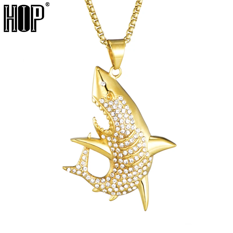 

HIP Hop Rock Iced Out Bling Micro Rhinestone Stainless Steel Shark Necklaces & Pendants For Men Jewelry Twist Chain Necklace