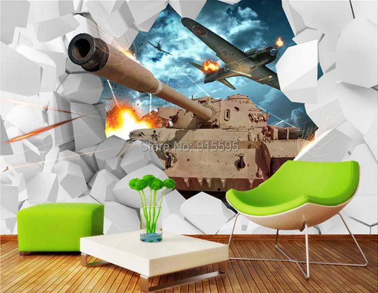 Custom Mural 3D Stereoscopic Tanks Wall Paper Military Themed Wallpaper Creative Personality Aircraft Backdrop Photo Wallpaper