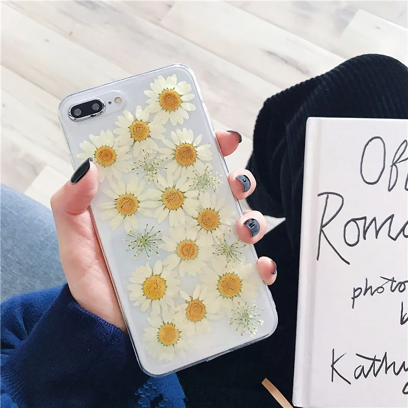 

Chrysanthemum Transparent True Flower Case For iPhone X Xs Max XR Fashion Soft Case For iphone 6 6s 7 8 plus TPU Back Cover
