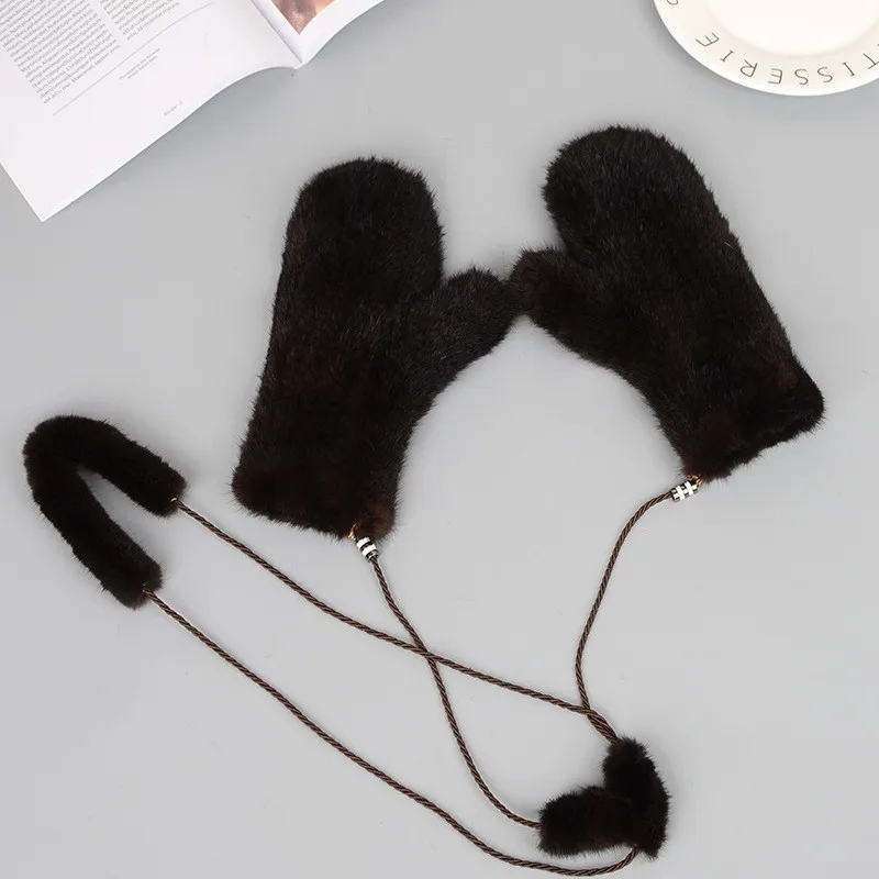 Mink Fur Orange Gloves Women Winter New Korean Version Of The Warm Cute Female Suede Weaving Fingers Fur Gloves - Цвет: Coffee