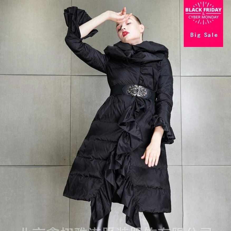

S-2XL 90% duck down coat fashion brand reffules Asymmetric down jacket female high Pile up collar thicker warm down coat wq43