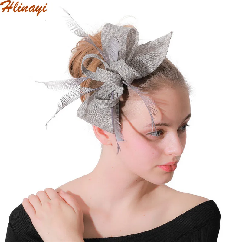 

Hlinayi Wedding dress photography gray feather imitation hemp hat European and American banquet headdress Ladies Hat
