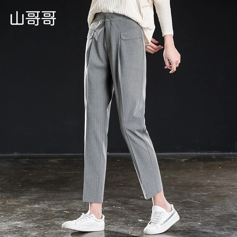 

2019 New Women Elasticity Ankle-Length Pants Casual Loose Harem Trousers Flat High Waist Striped Ladies Spring Summer Plus Size