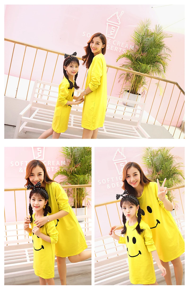 Mummy Daughter Dresses Smile Face Cartoon Print Mom and Me Clothes Baby Girls Clothing Family Matching Outfits Mother & kids (6)