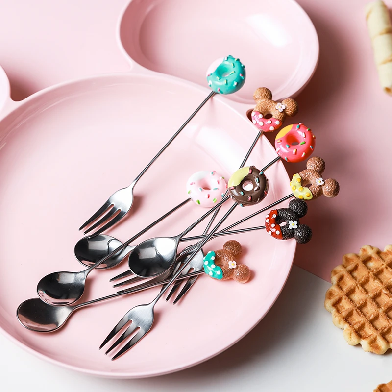 

Chic Mini Candy Donut Mickey Spoon Fork Stainless Steel Ice Cream Fruit Coffee Teaspoon Cute Kitchen Supplies Dessert Tableware