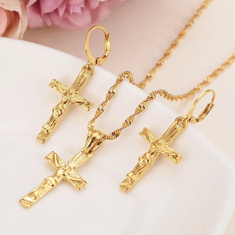 

gold jesus cross Pendant Necklace chain Earrings sets Jewelry Gold Christian jewelry sets for women girl Best Jesus Gifts