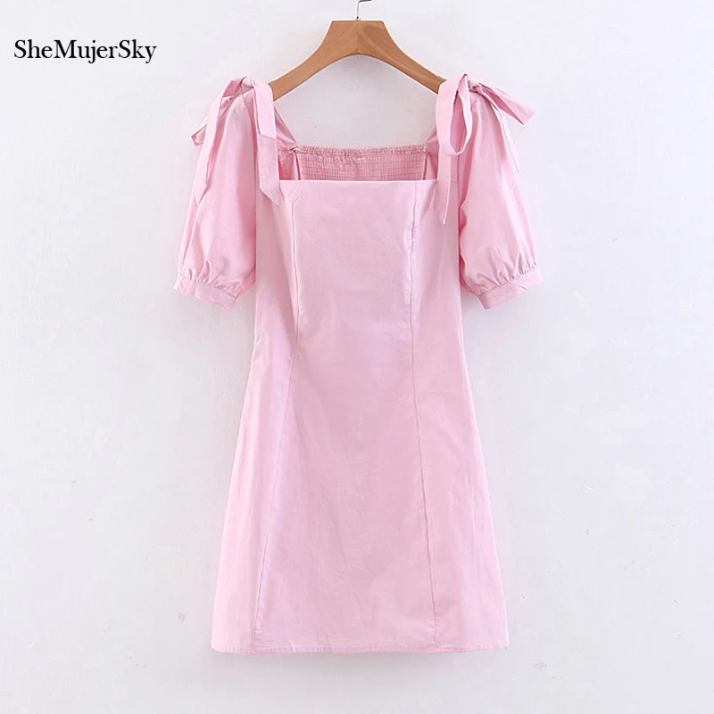 

SheMujerSky Vintage Pink Dress Women 2019 Beach Mini Backless Ladies Dresses Summer Cothes For Women