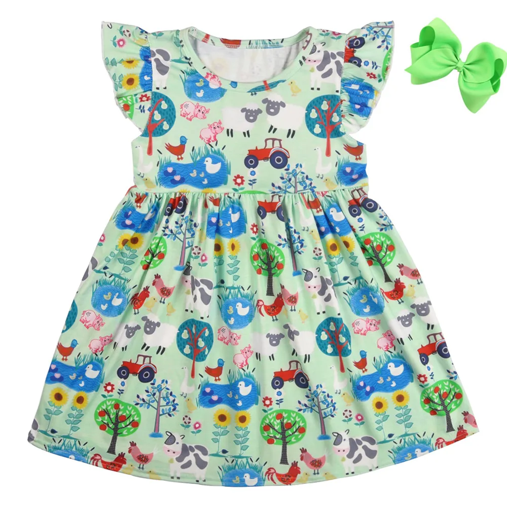 Remake Por Atacado Vestido de Verão Do Bebê de Manga Curta Milksilk Farm Padrão Dos Desenhos Animados Do Bebê Roupas Das Meninas Vestido Plissado Com Arco