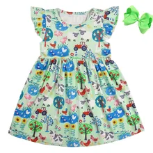 Remake Por Atacado Vestido de Verão Do Bebê de Manga Curta Milksilk Farm Padrão Dos Desenhos Animados Do Bebê Roupas Das Meninas Vestido Plissado Com Arco